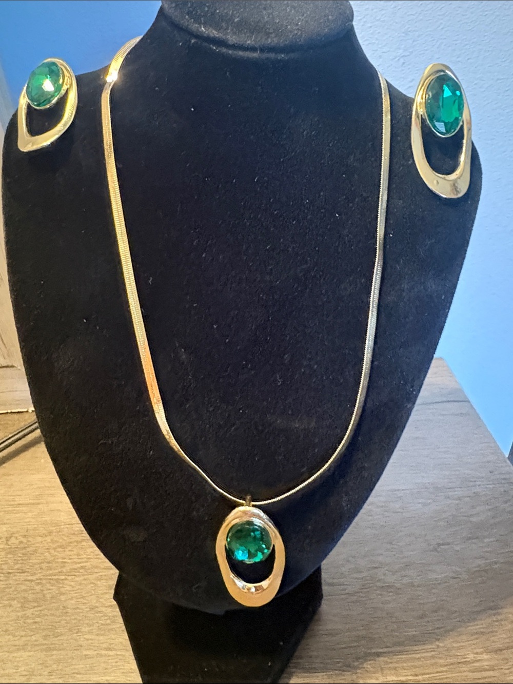 Gold-Tone Necklace and Earring Set with Emerald Green Stones